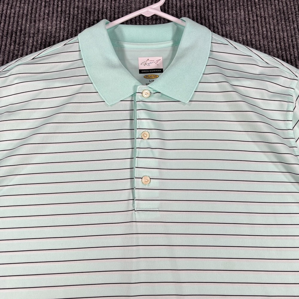Greg Norman Polo Shirt Mens Large Green Striped Short Sleeve Golf Outdoor Casual